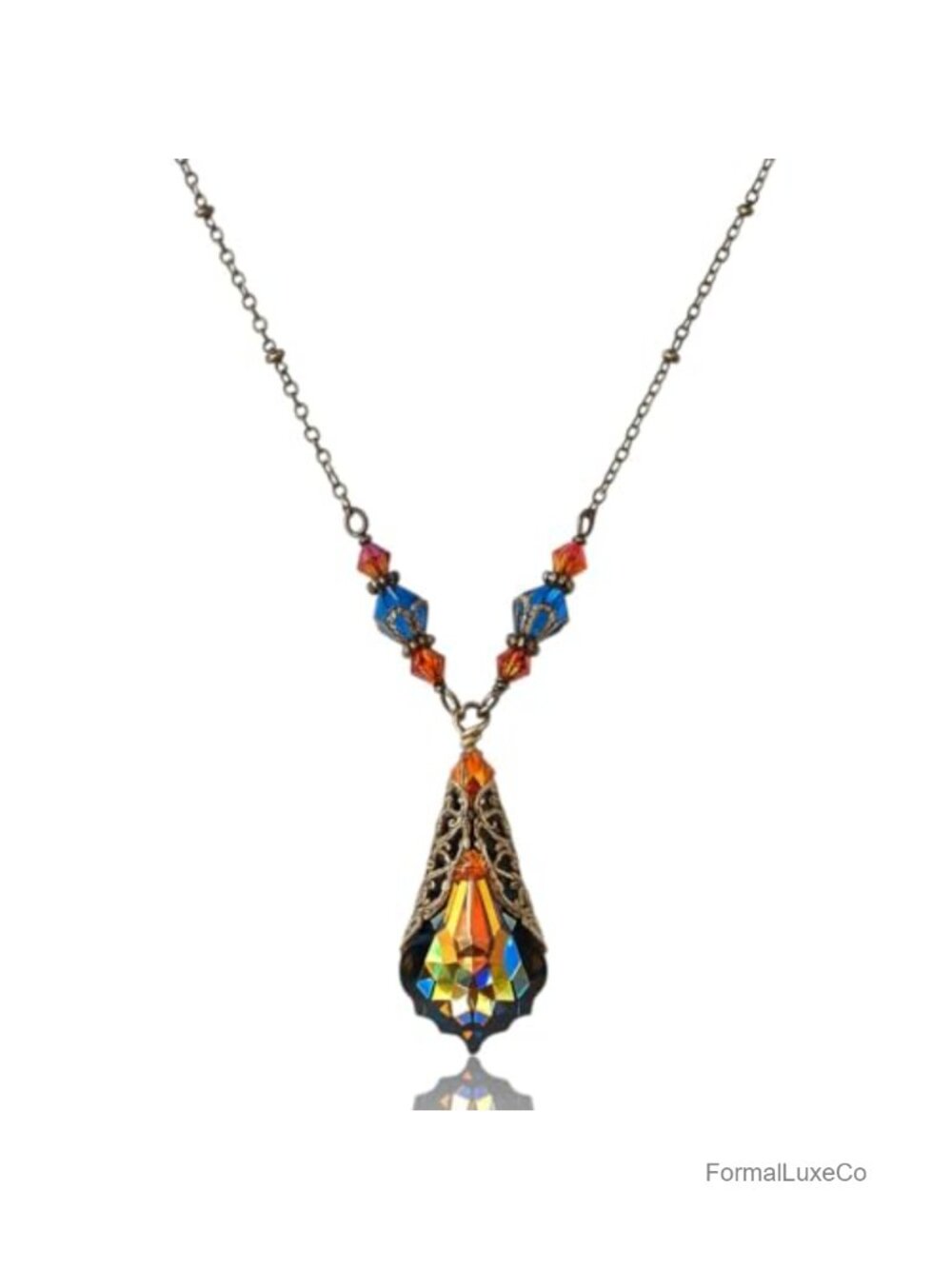 Handmade Crystal Filigree Pendant Necklace Art Deco Vintage Jewelry